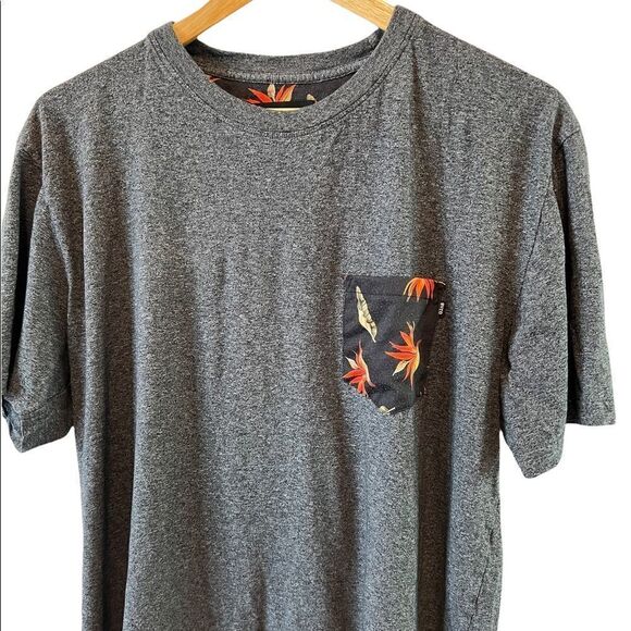Grey Floral Print Pocket Crew Neck Casual Short Sleeve Tee Shirt L - Picture 2 of 8